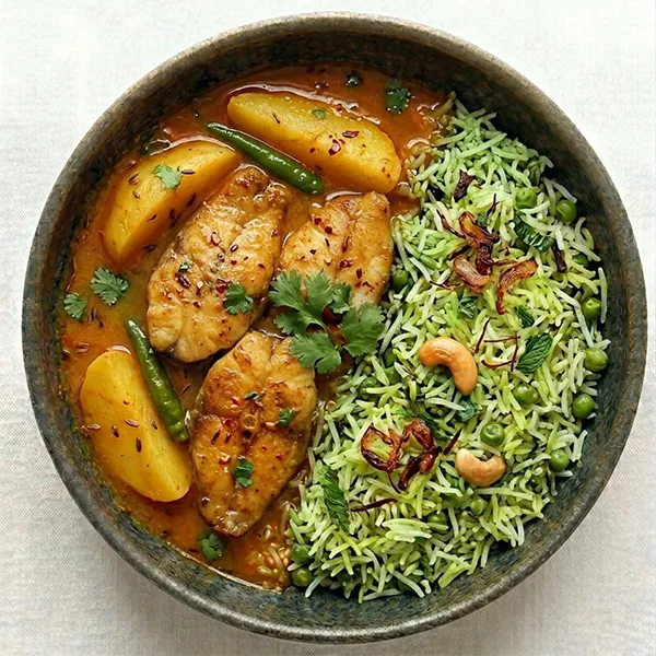 Bengali Macher Jhol With Steamed Mint Pulao
